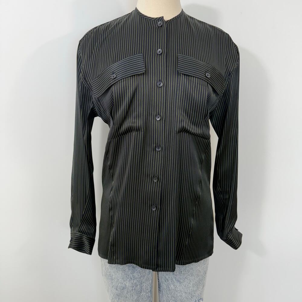 Escada Silk Button-Down Shirt Black/Green Striped Long Sleeves 34 (US 4) Vintage - Picture 4 of 12